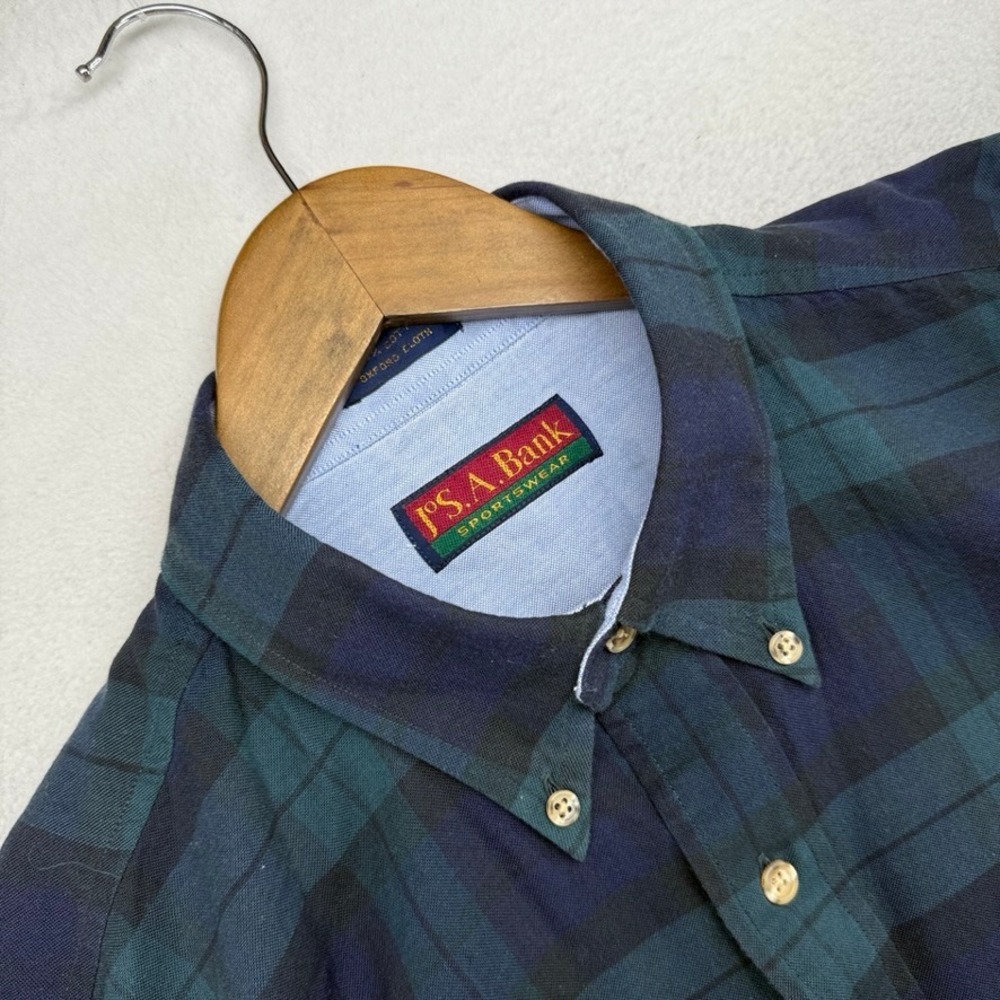Vintage Jos A Bank Oxford Shirt Men's Large Blue Green Tartan Plaid OCBD 90s